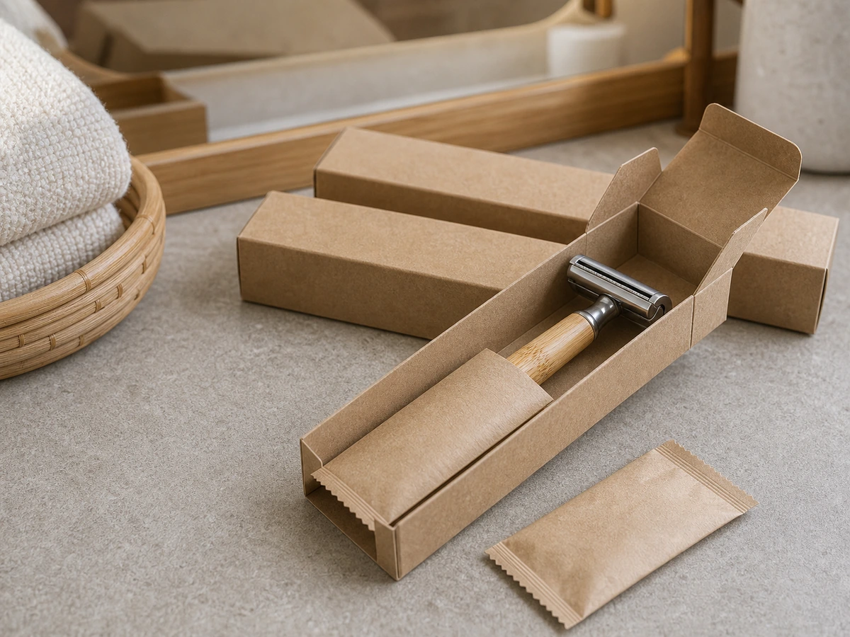 Bamboo-handle hotel razor beside recycled kraft amenity cartons on a stone vanity