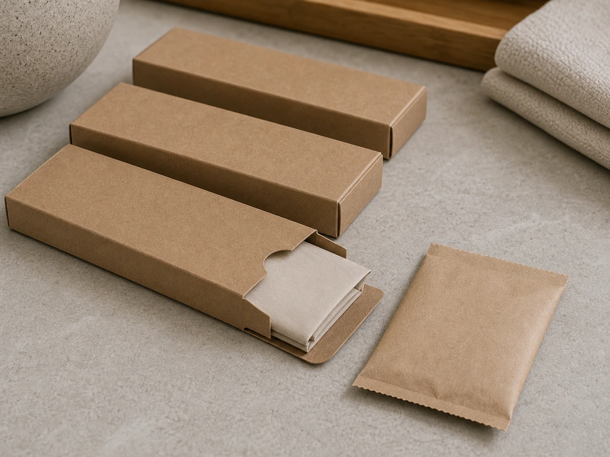 Close-up of recycled kraft hotel sanitary disposal bag carton and paper packet