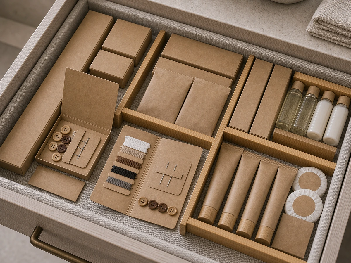 Eco hotel sewing kit packet with coordinated recycled kraft dry amenity cartons