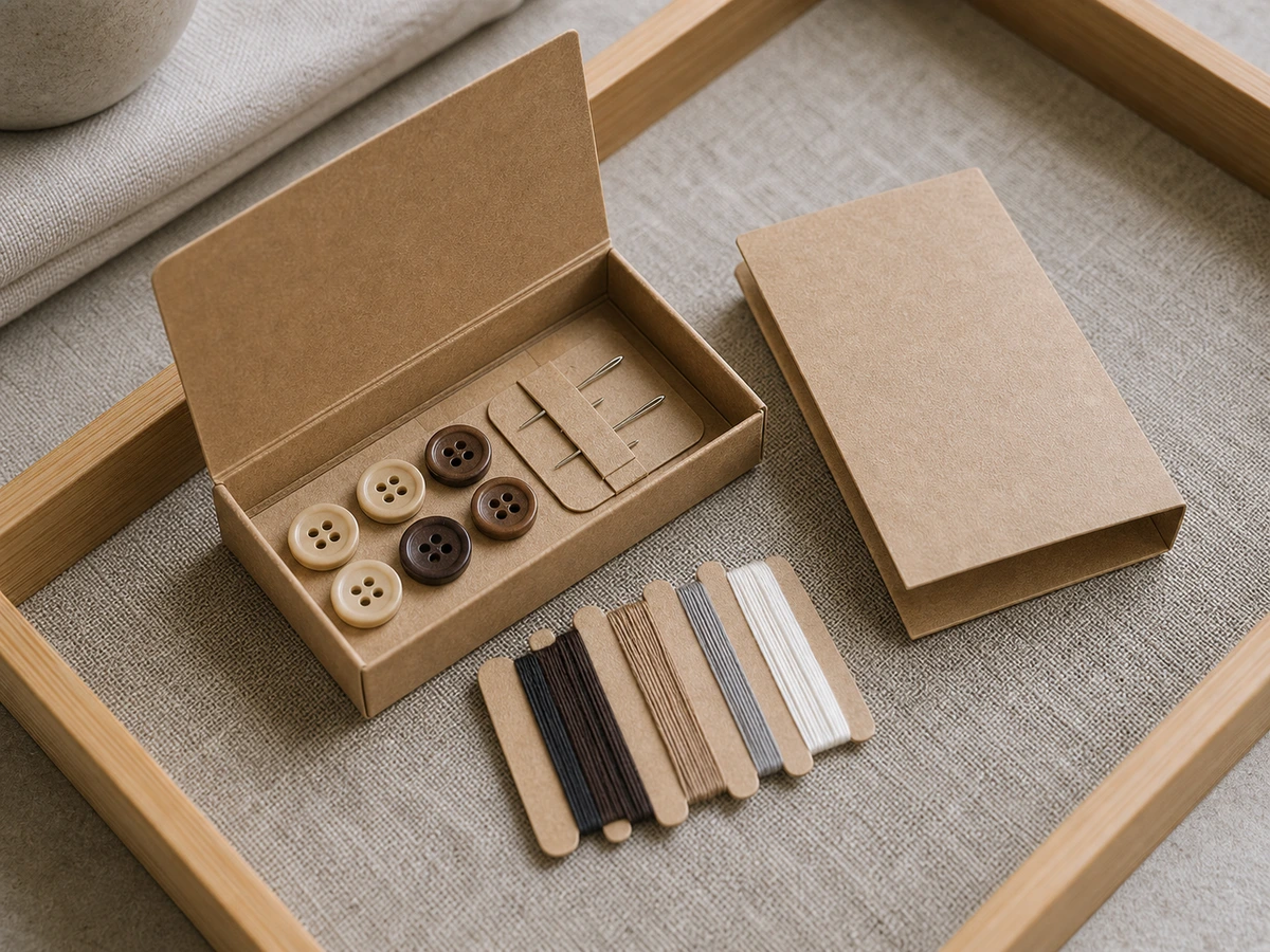 Close-up of compact eco hotel sewing kit packet and recycled kraft carton