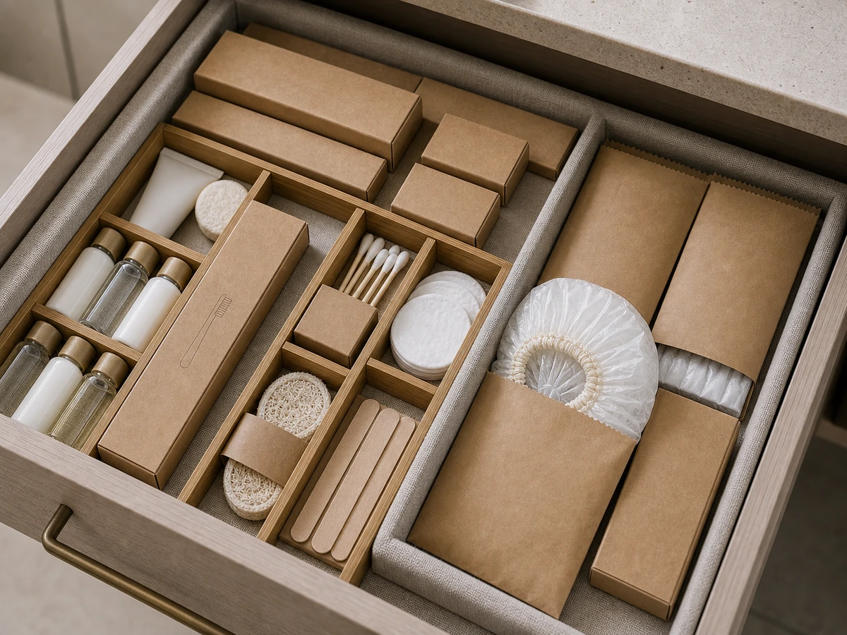 Eco hotel shower cap packet with recycled kraft dry amenity cartons