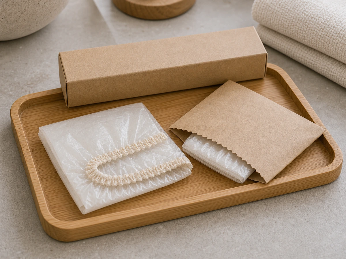 Close-up of folded plant-based hotel shower cap beside recycled kraft carton