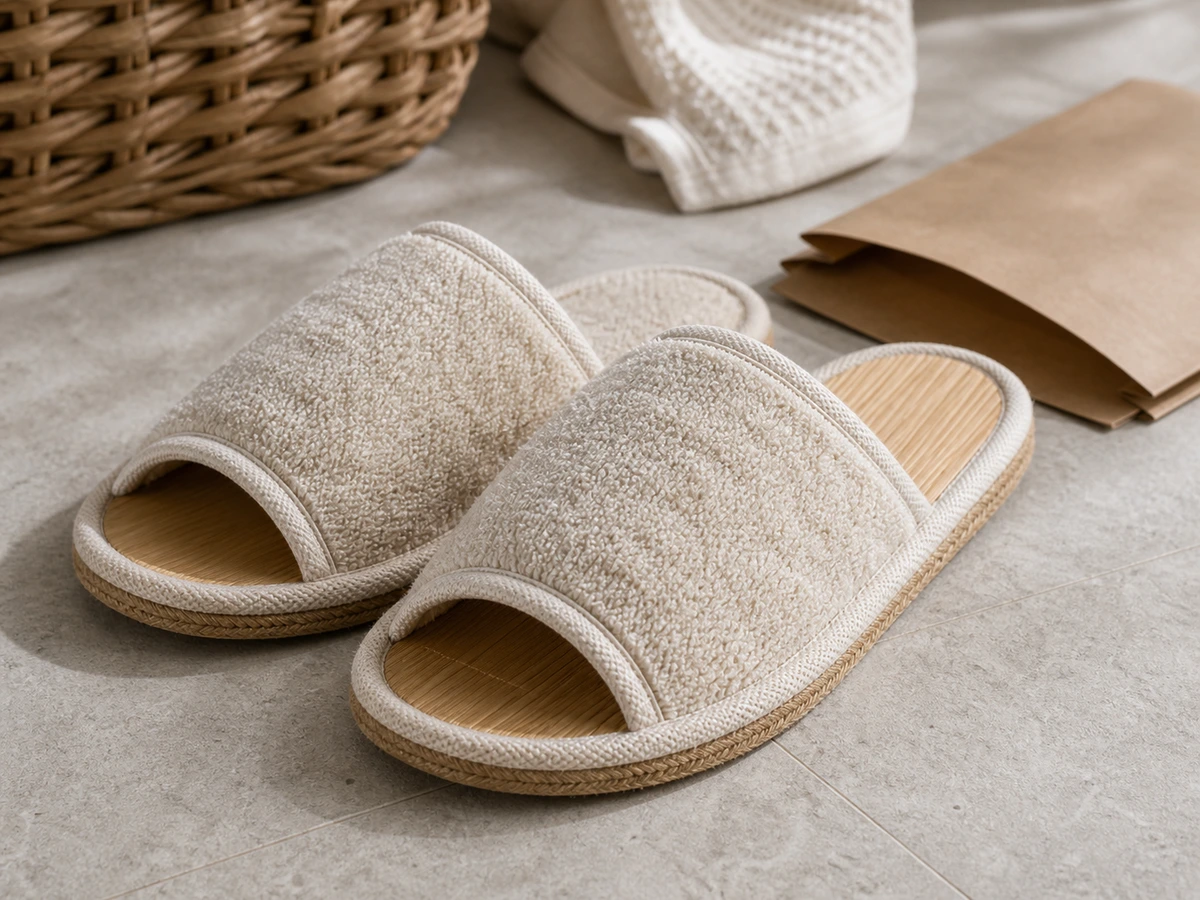 Close-up of open-toe eco hotel slippers with bamboo terry upper
