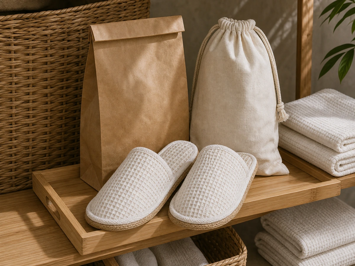 Eco bamboo-fiber hotel slippers presented beside recycled paper packaging and spa stones