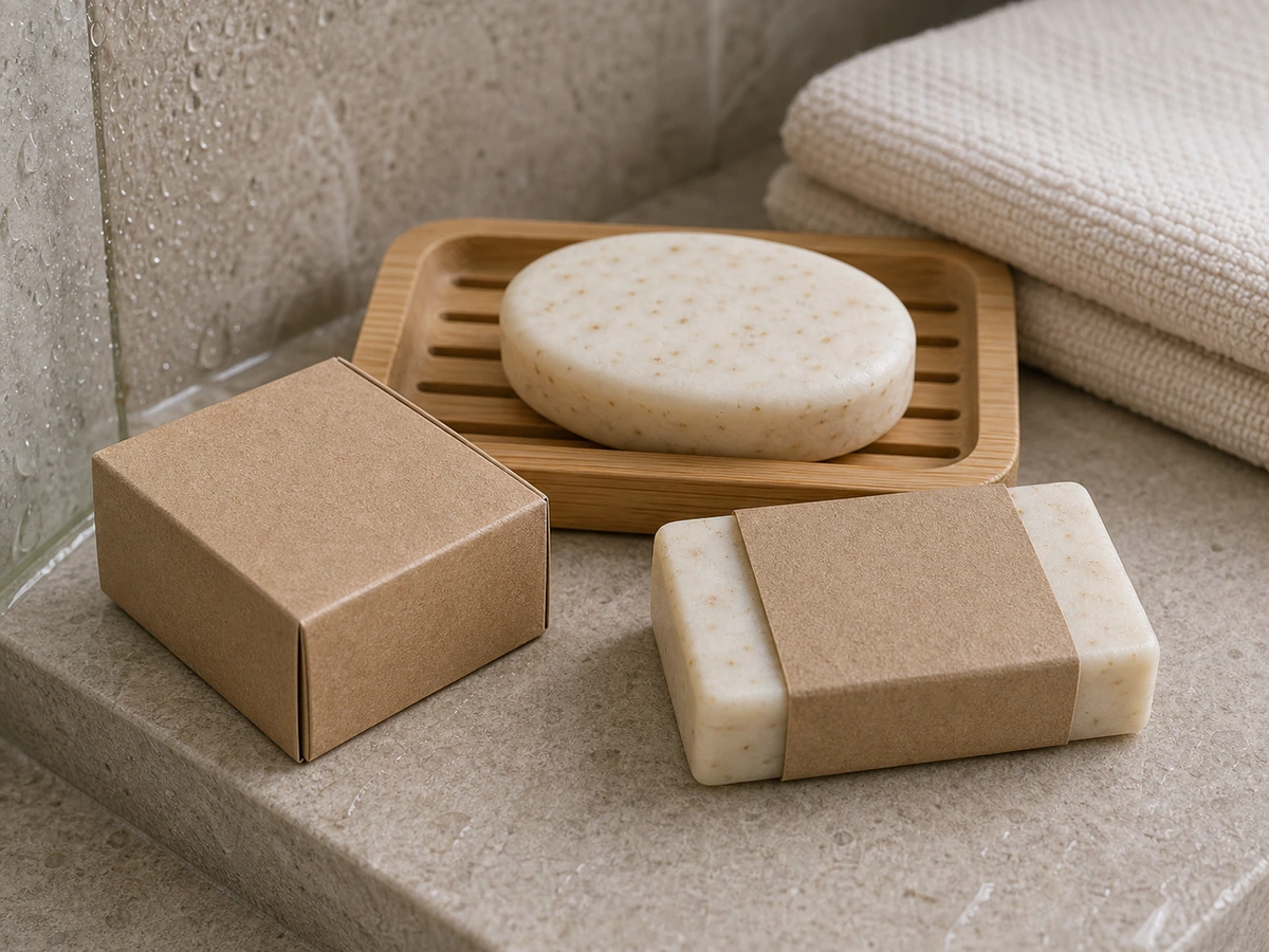 Close-up of a blank wrapped hotel soap bar on a stone amenity dish