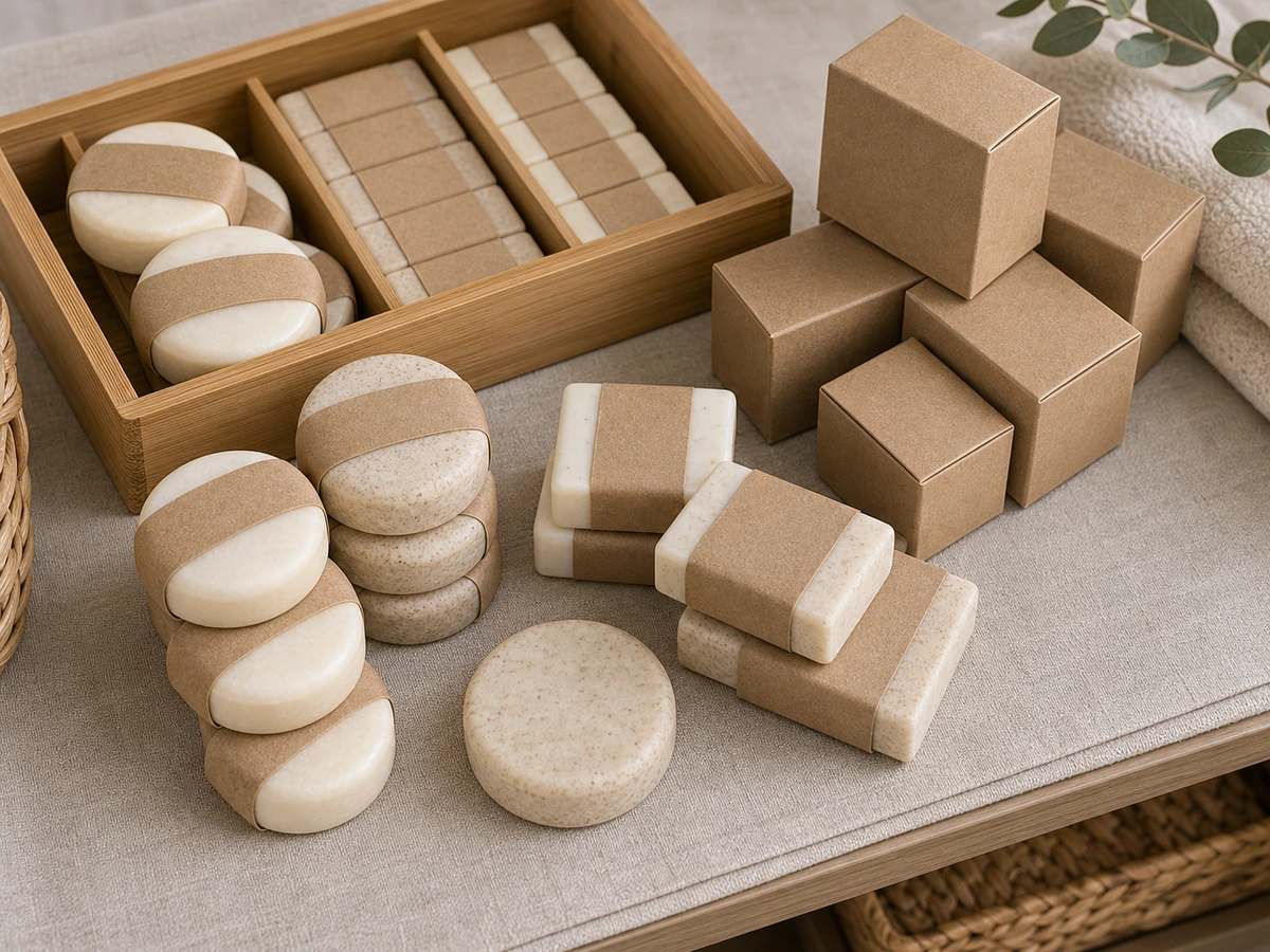 Eco hotel guest soap with kraft wrap and coordinated recycled amenity cartons