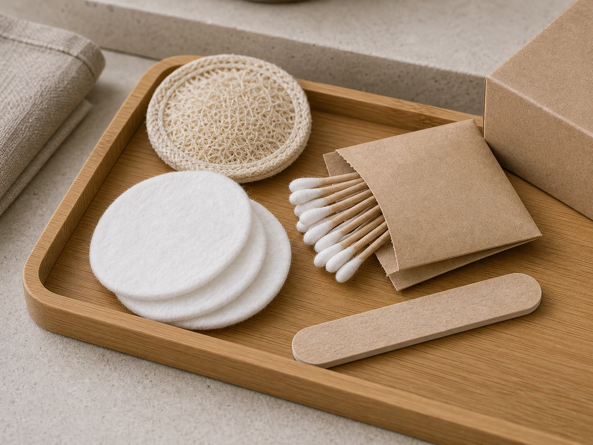 Close-up of organic cotton pads and paper-stem buds beside recycled kraft amenity cartons