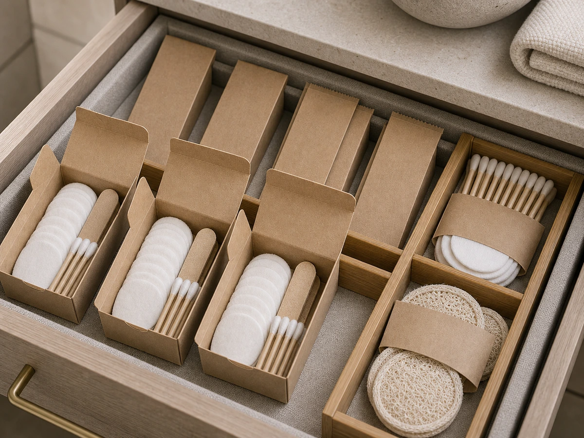 Recycled kraft hotel vanity kit cartons with organic cotton pads and paper-stem swabs