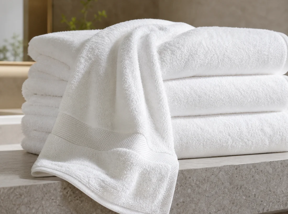Folded stack of thick white hotel bath towels on a stone bathroom counter