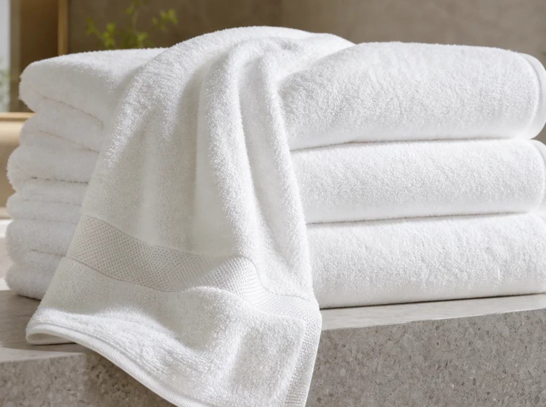 Close-up of white hotel bath towel terry texture and dobby border