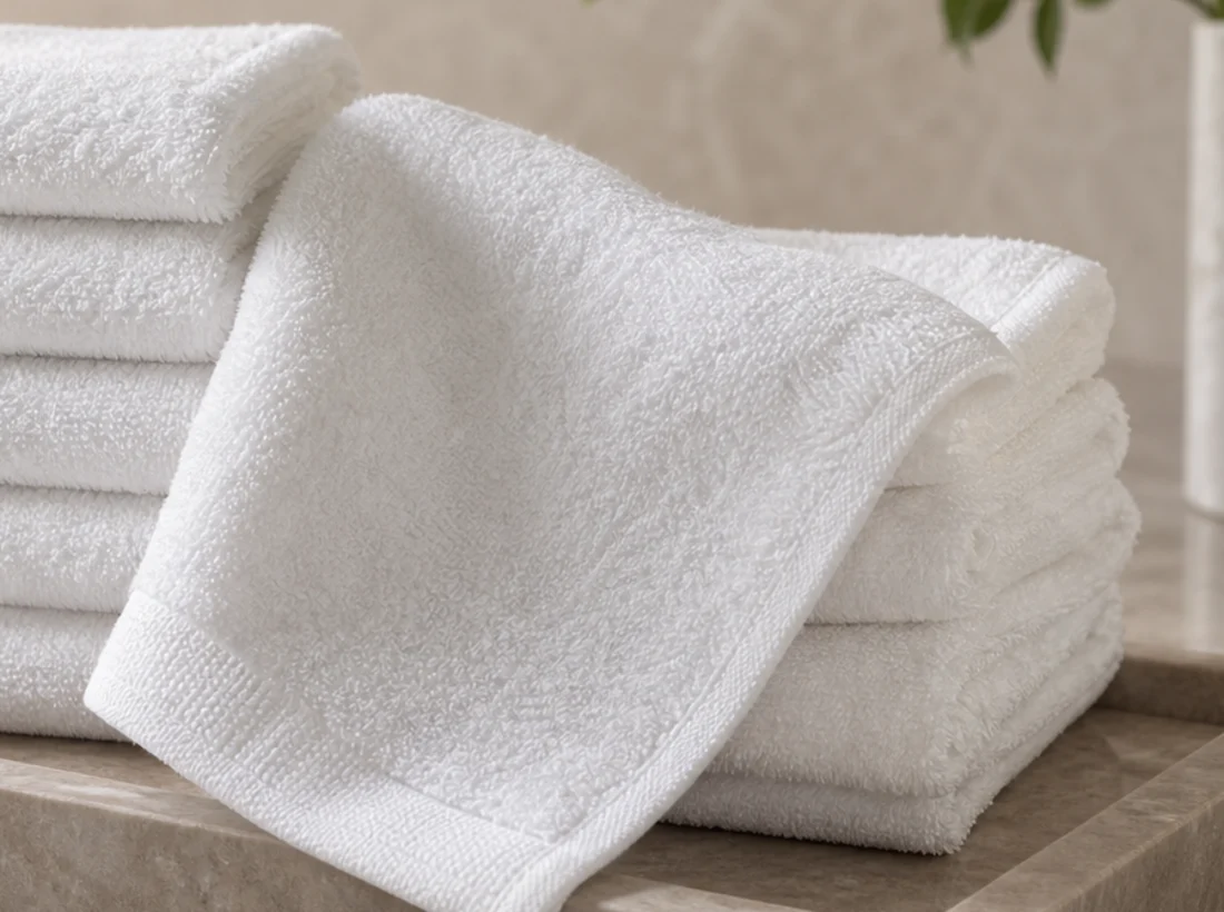 Close-up of small white hotel face towel with terry loops and hem detail