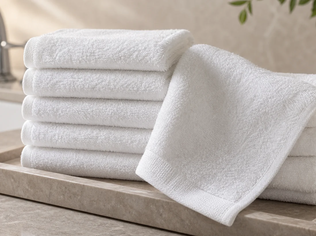 Stack of small white hotel face towels on a bathroom vanity tray