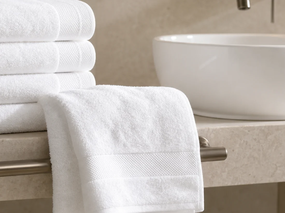 Close-up of white hotel hand towel with dobby border on a bathroom rail