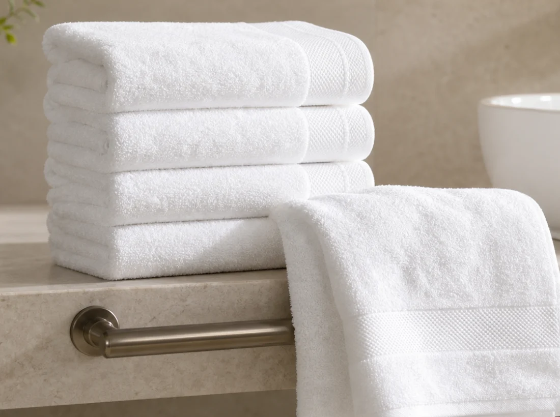 Folded stack of white hotel hand towels beside a basin