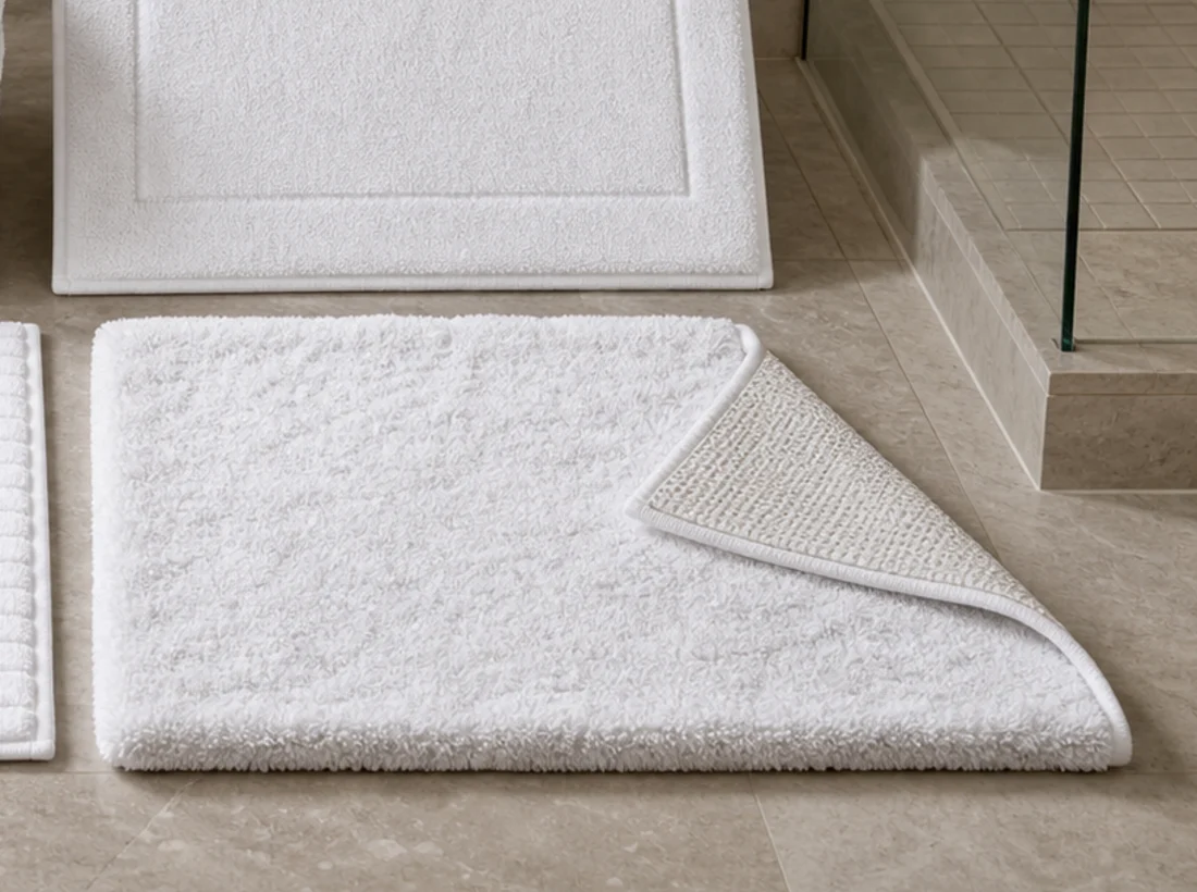 Hotel bath mat corner folded to show textured anti-slip backing