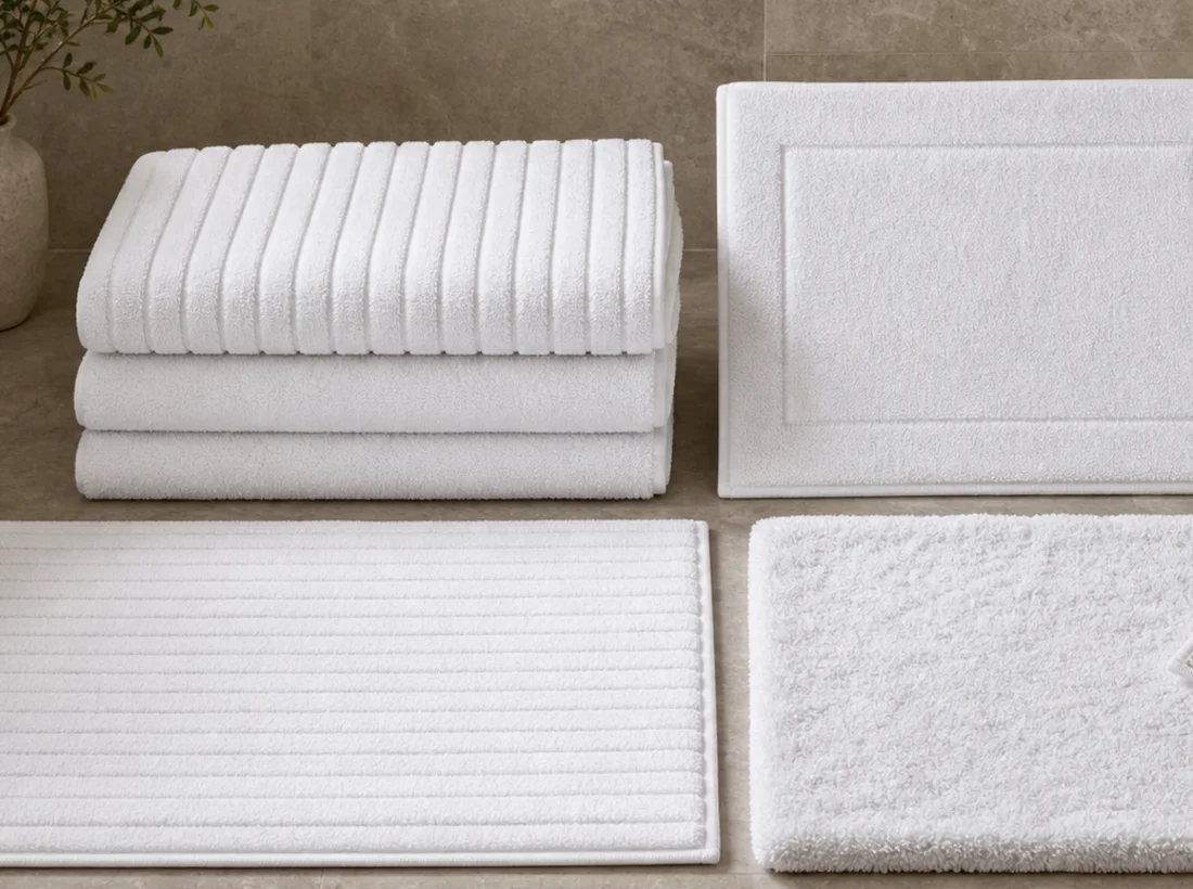 White ribbed and bordered hotel bath mats arranged on a stone bathroom floor