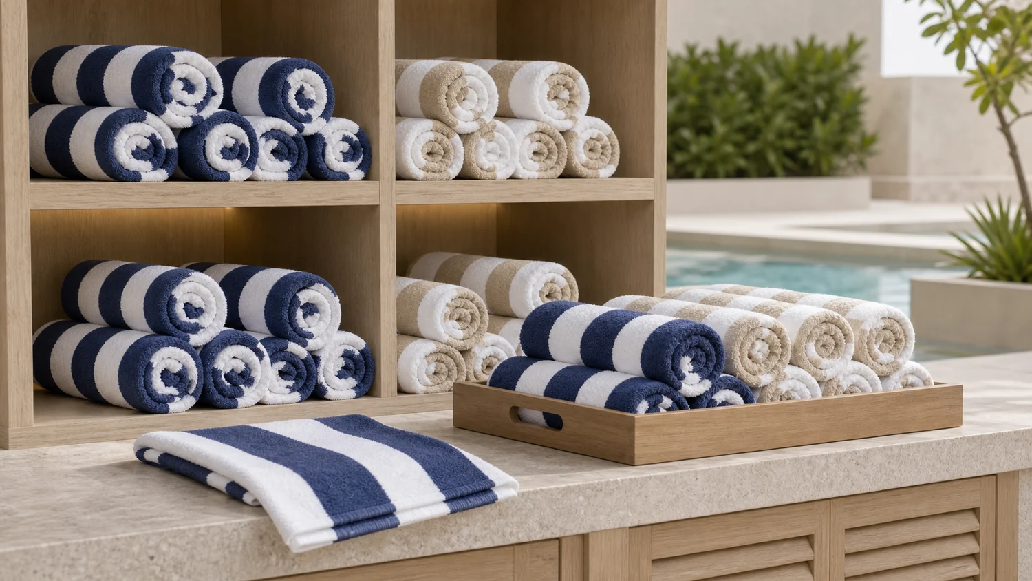 Rolled navy and beige cabana stripe hotel pool towels arranged in a resort towel station