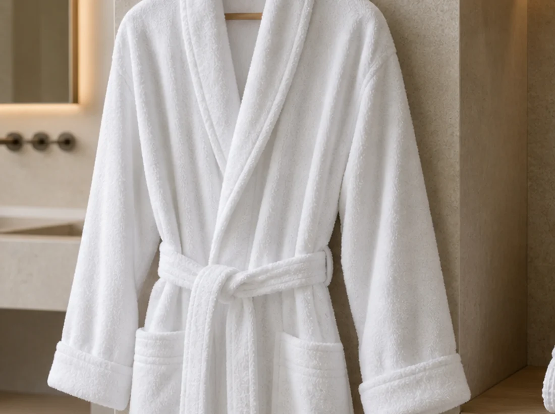 White terry hotel bathrobe with shawl collar and tied belt on a hanger