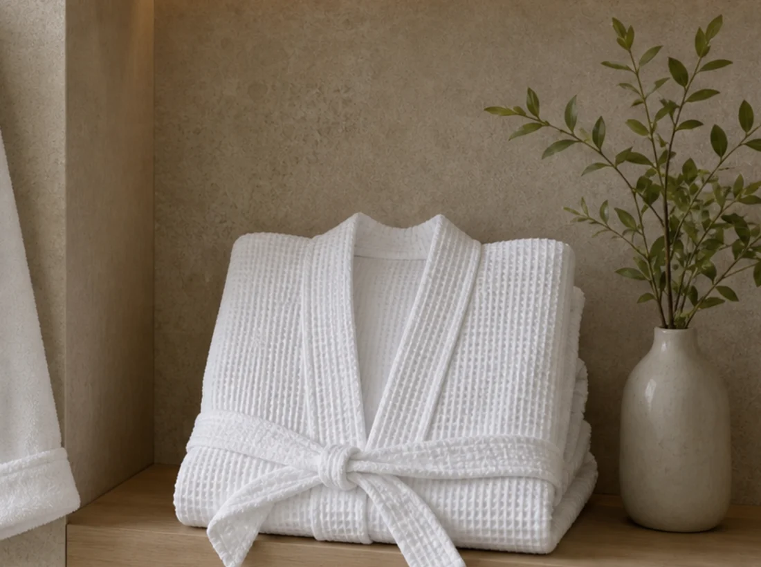 Folded white waffle weave hotel bathrobe with tied belt on a shelf