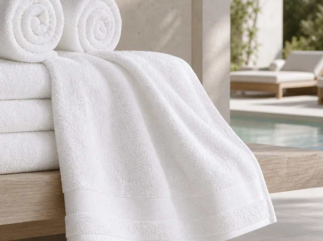 Oversized white hotel beach towel draped to show dobby border and terry pile