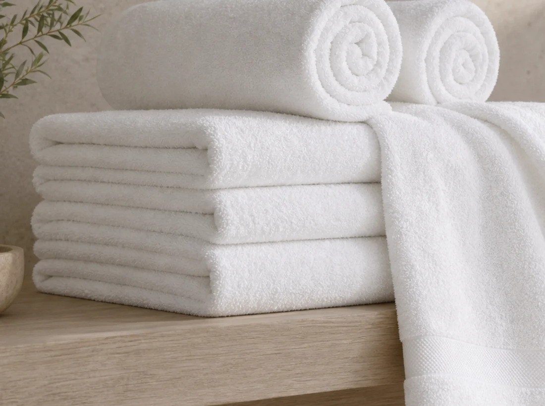 Rolled white hotel spa towels showing thick cotton terry texture