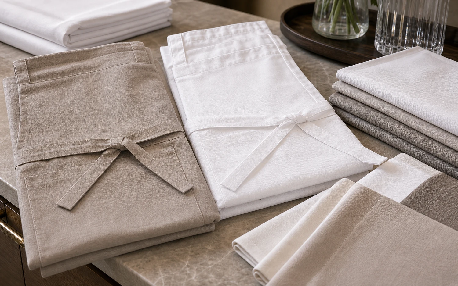 Close-up of coordinated white table-linen fabric for aprons and service pieces