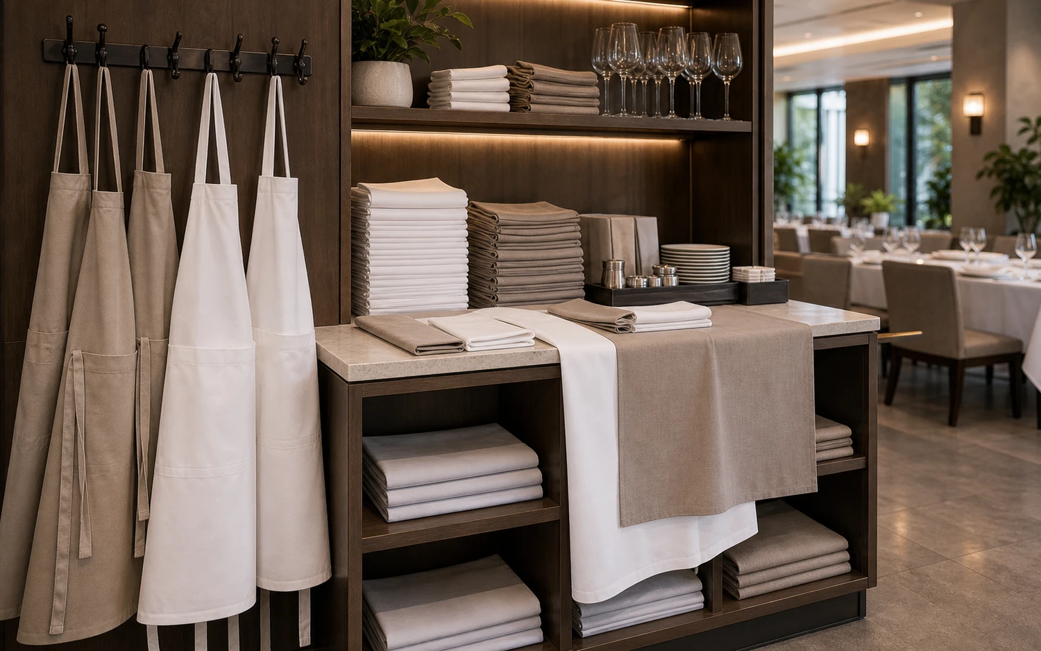 Restaurant table setting with coordinated white linen and service-ready table layout