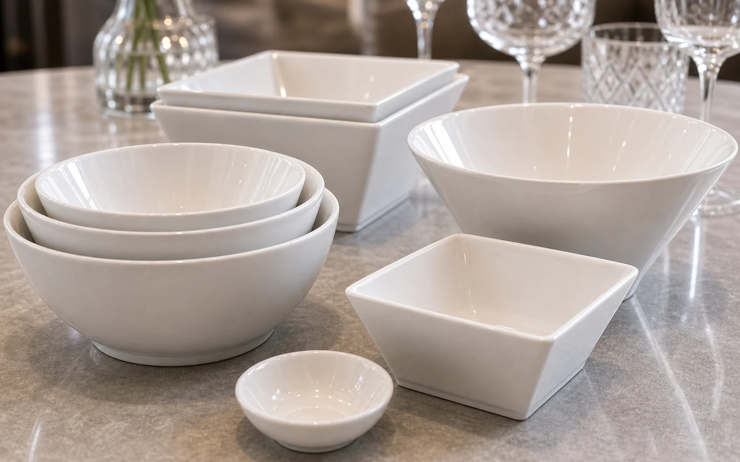 Close-up of stacked white porcelain bowls and plates beside glassware