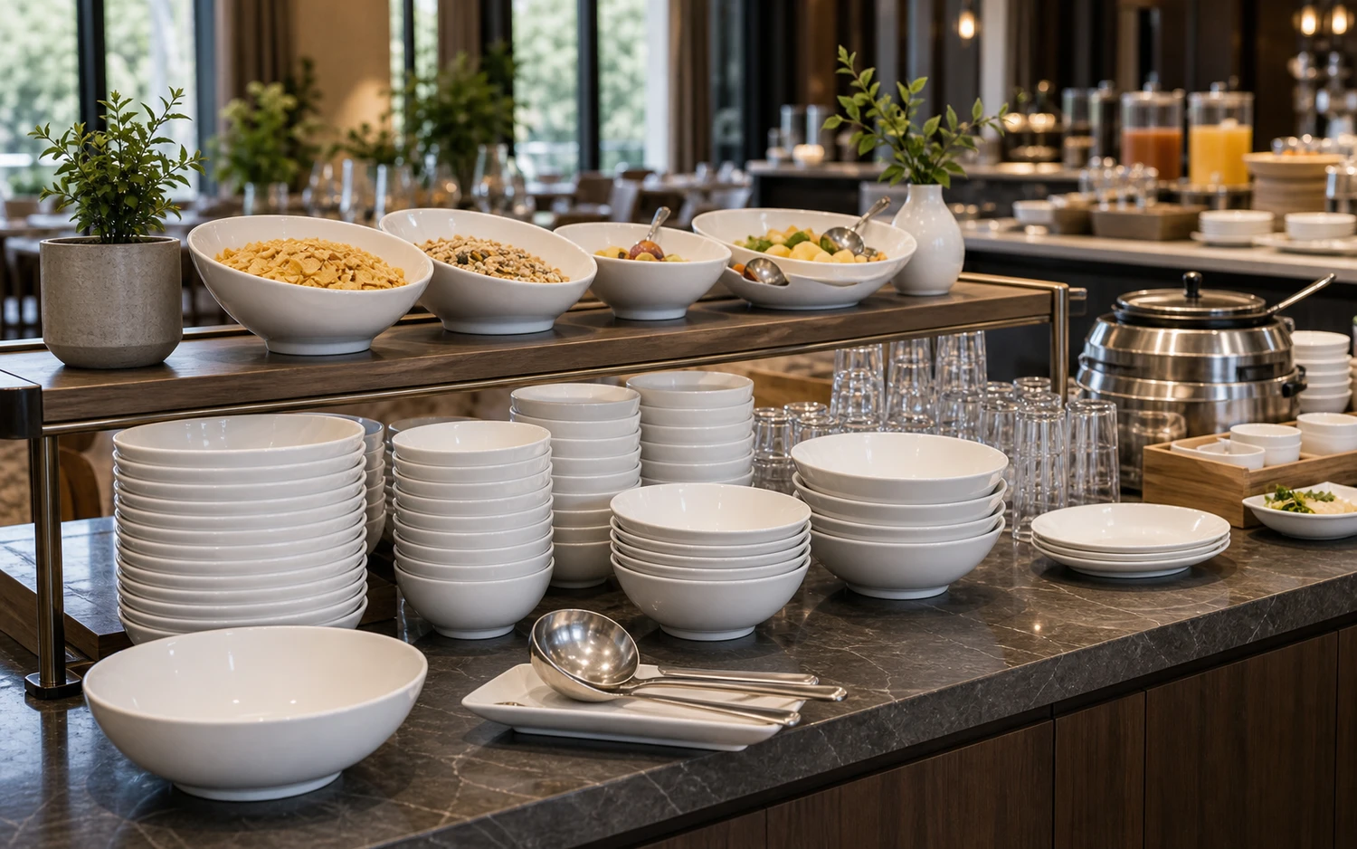 Restaurant service station with stacked bowls, plates and glasses