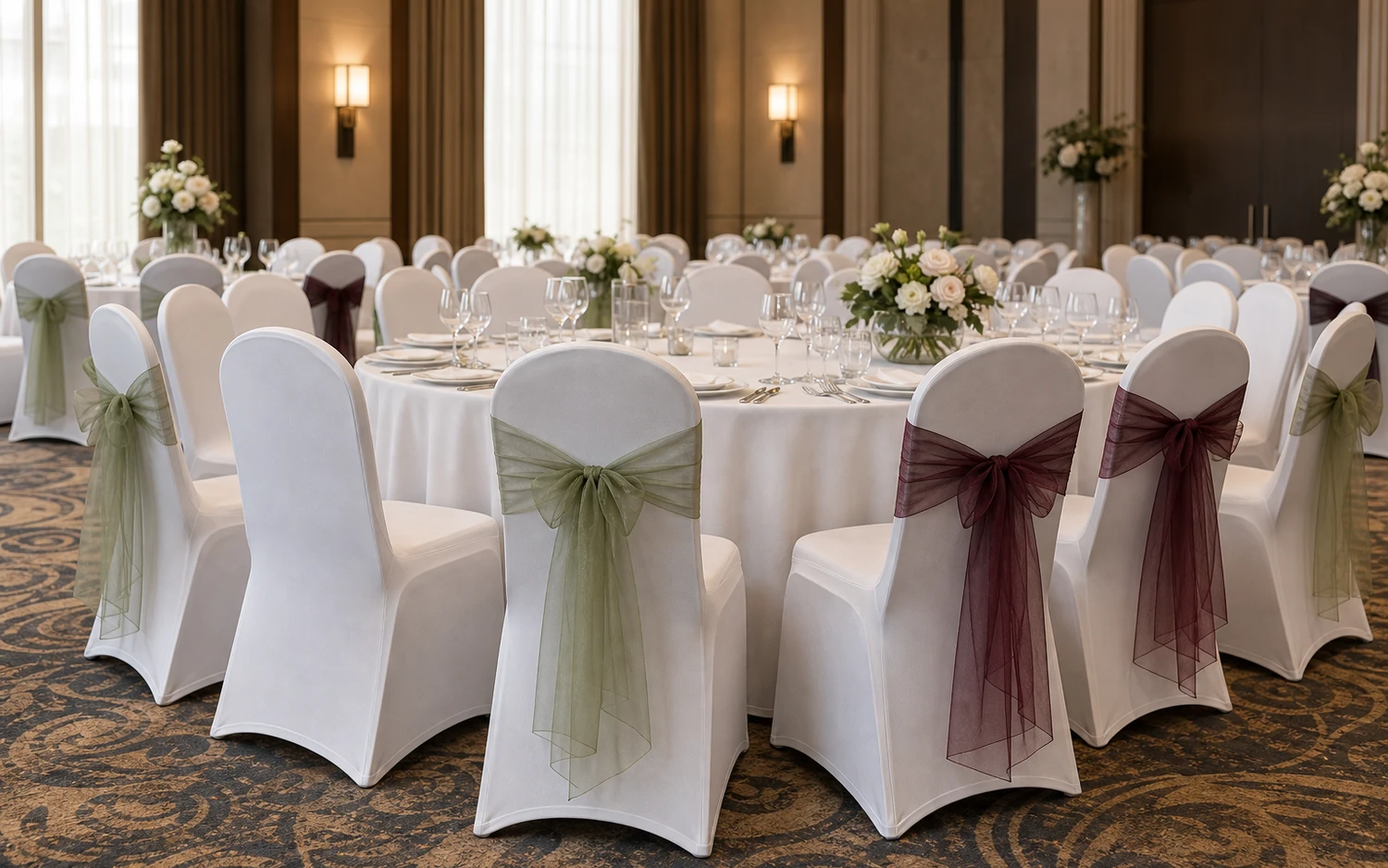 Banquet table with covered chairs, flowers and folded napkins