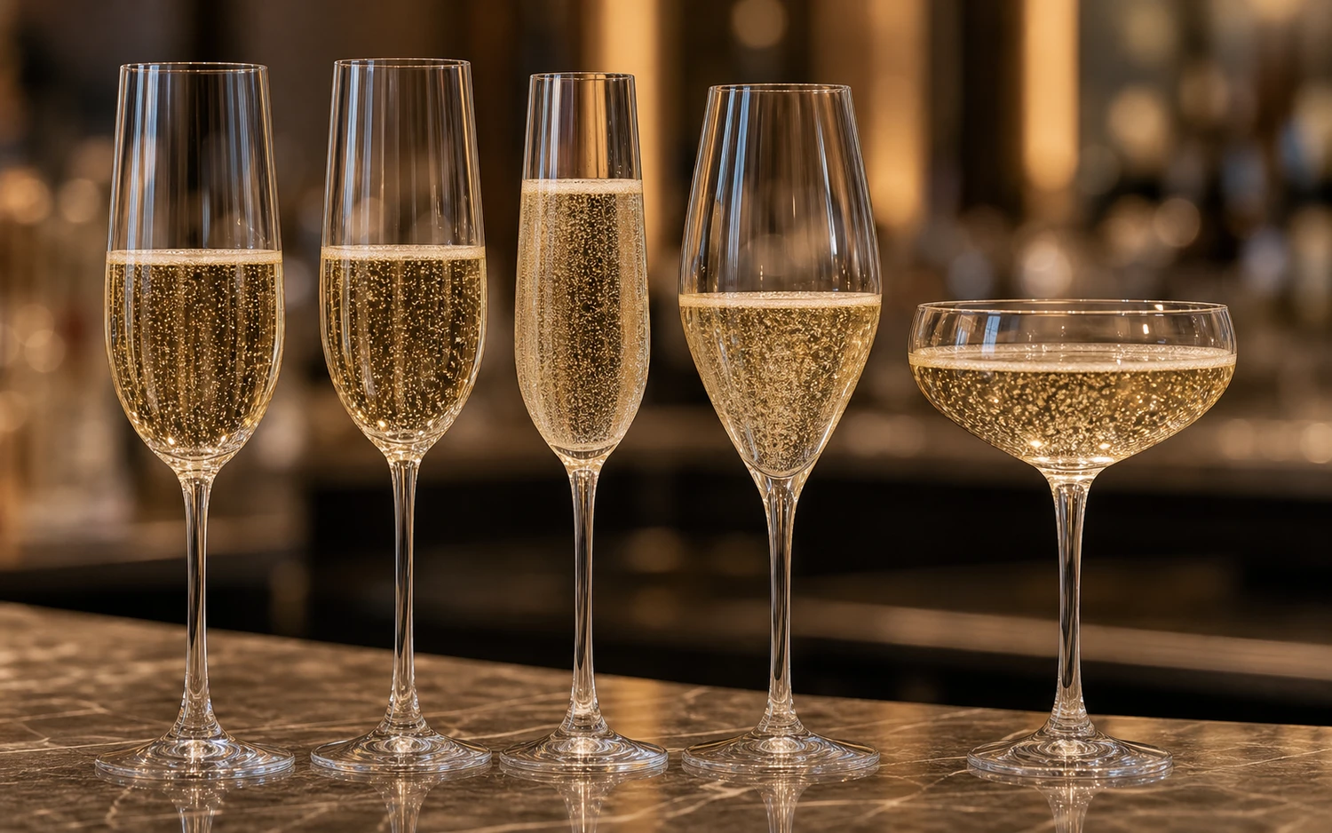 Close-up of champagne and wine glasses on a bar counter