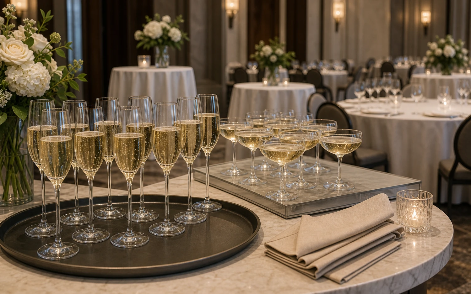 Stemmed champagne glasses with red wine glass in a restaurant wine-service scene