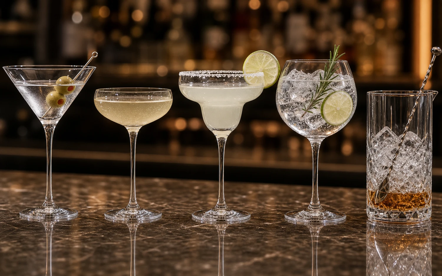 Close-up of a crystal cocktail glass with dark drink and reflective bar lighting