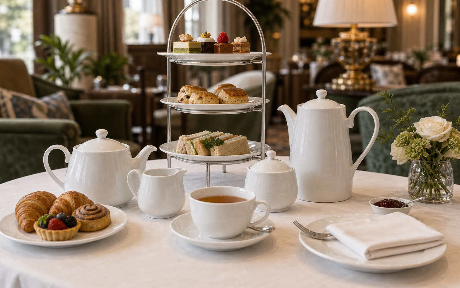 Hotel breakfast table with teapot, coffee cup, plates and wine glasses