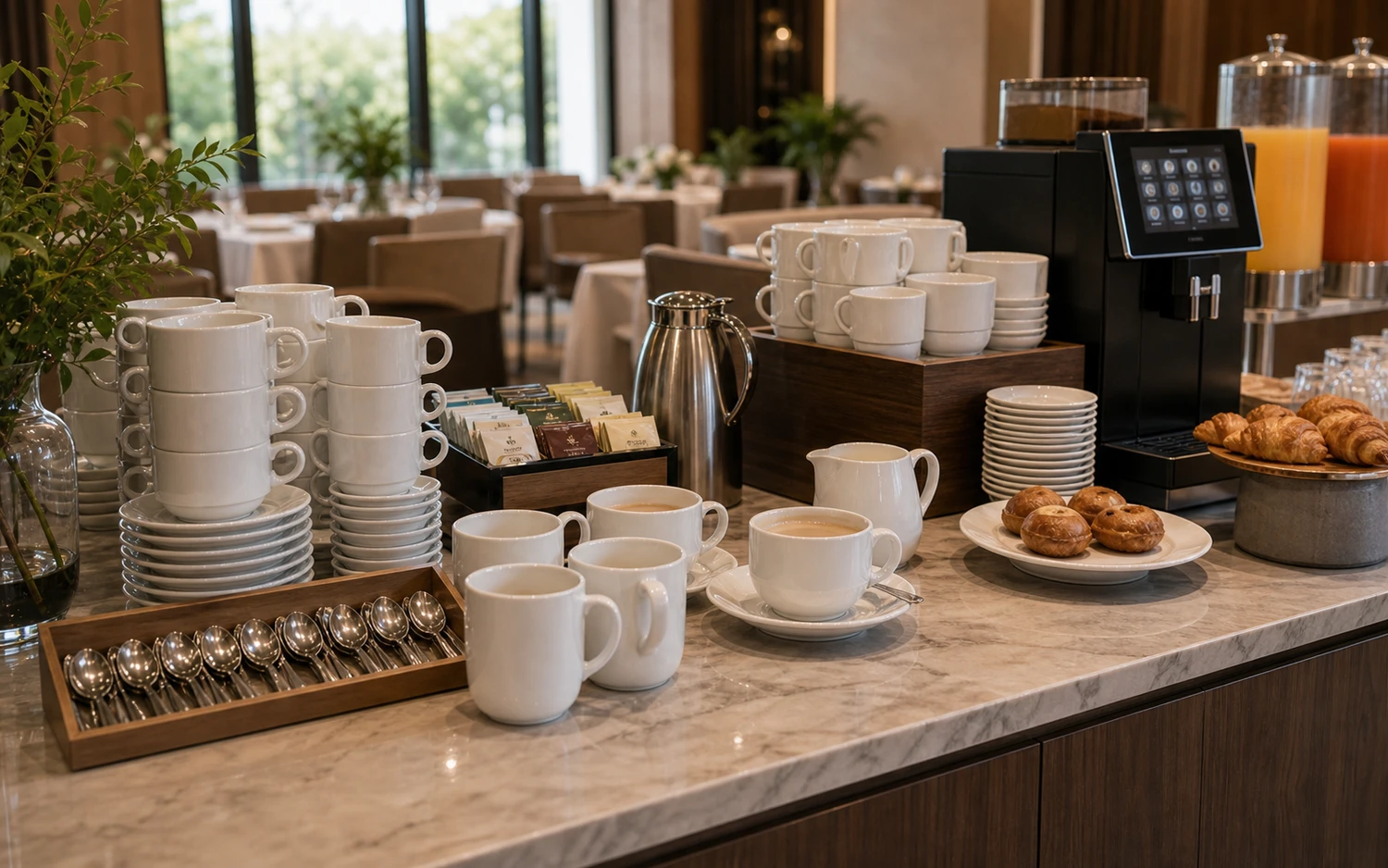 Hotel coffee and tea service with white porcelain pot, cup and saucer