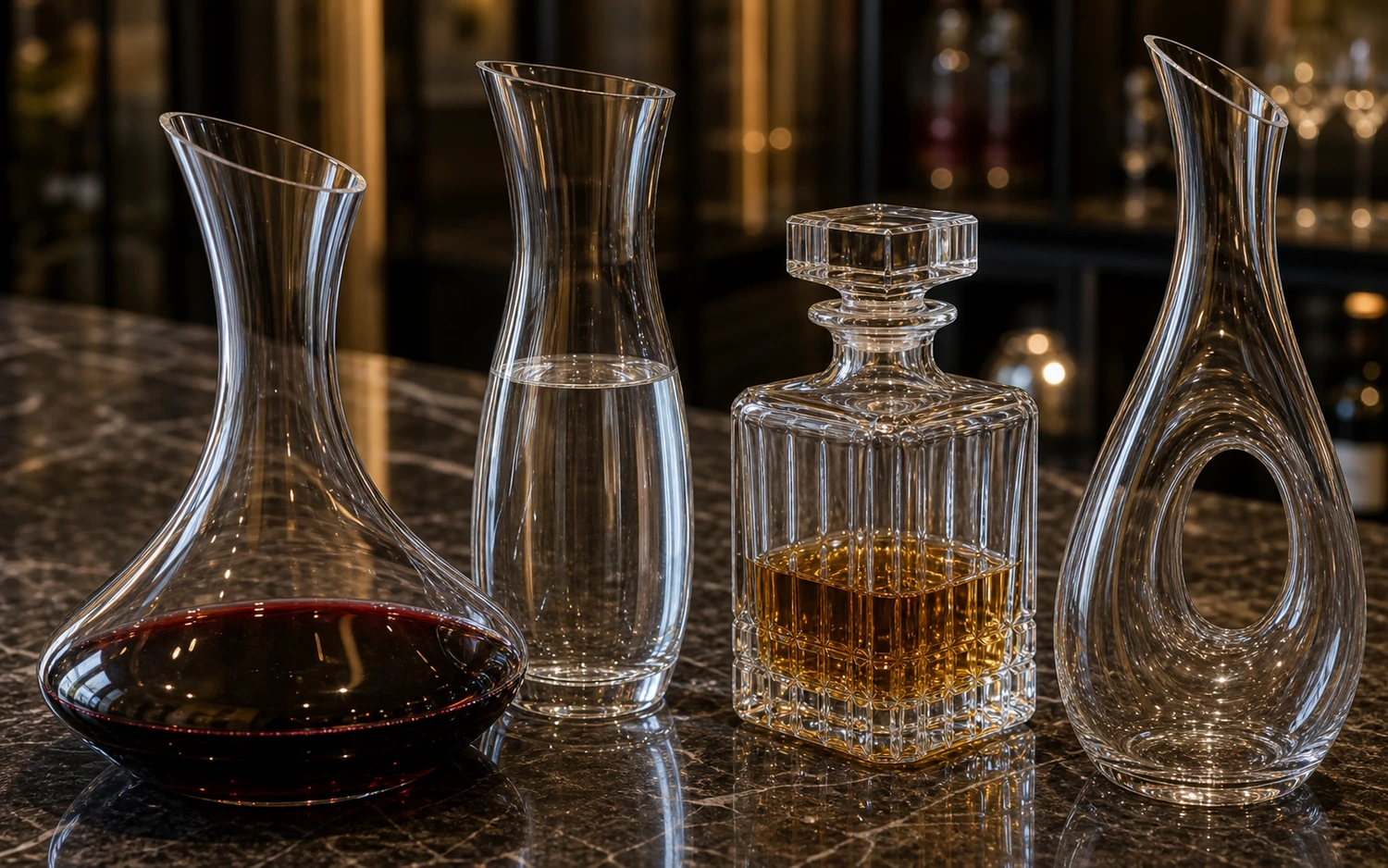 Close-up of crystal wine decanter neck and red wine base