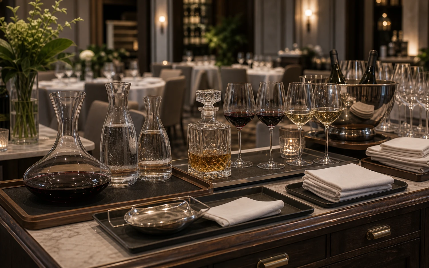 Crystal decanter with wide base for wine aeration and table service