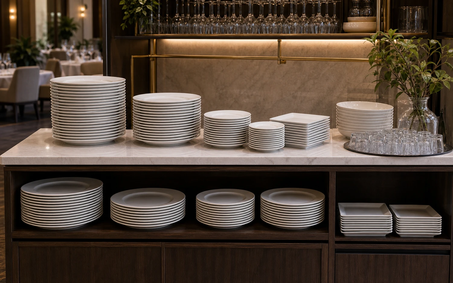 Restaurant service station with stacked white porcelain plates and glassware