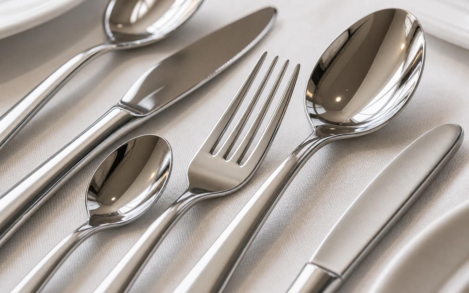 Close-up of stainless steel flatware handle and bowl detail on a white background