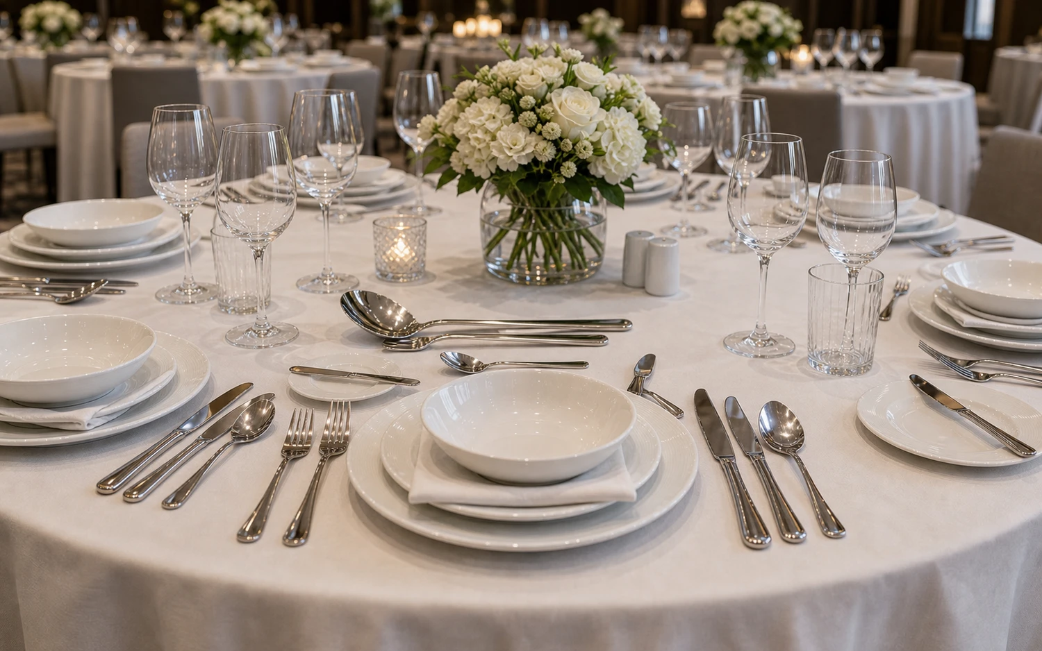 Stainless flatware place setting arranged on a white porcelain plate