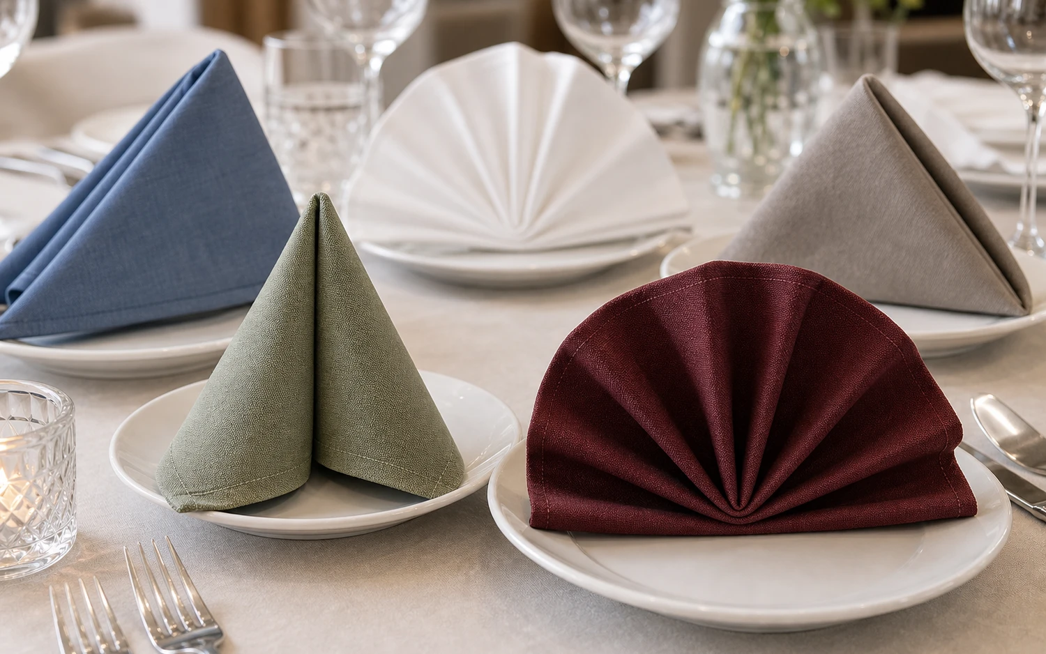 Close-up of hotel table-linen fabric and folded napkin texture