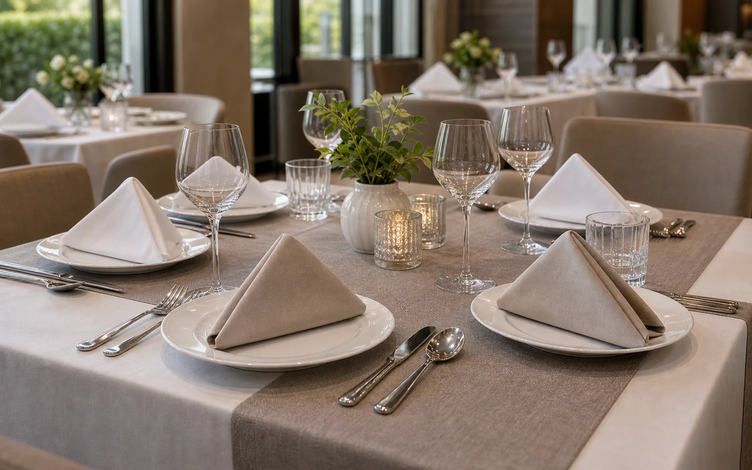 Hotel banquet room with folded napkins on white tablecloths