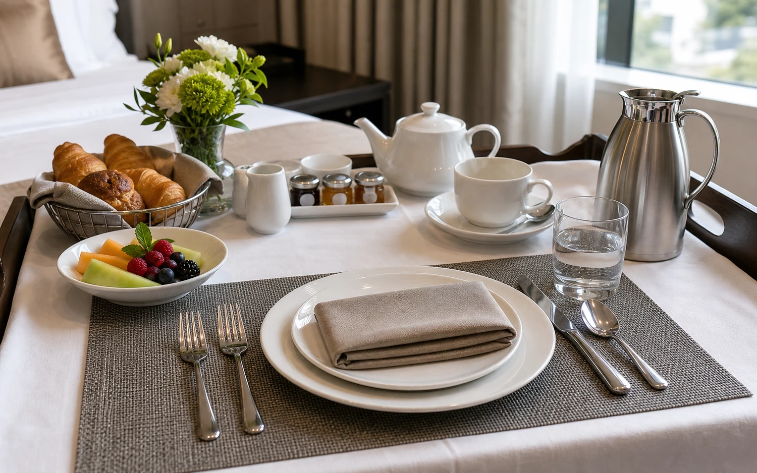 Layered hotel table setting on a woven placemat