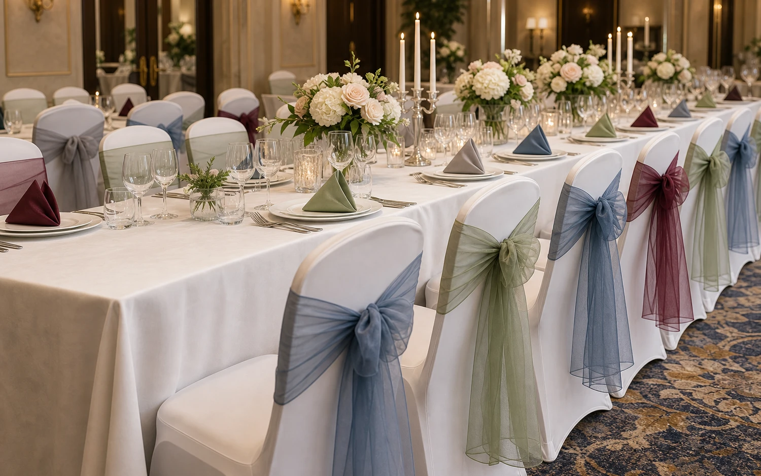 Red banquet setup with chair sashes and matching table linen