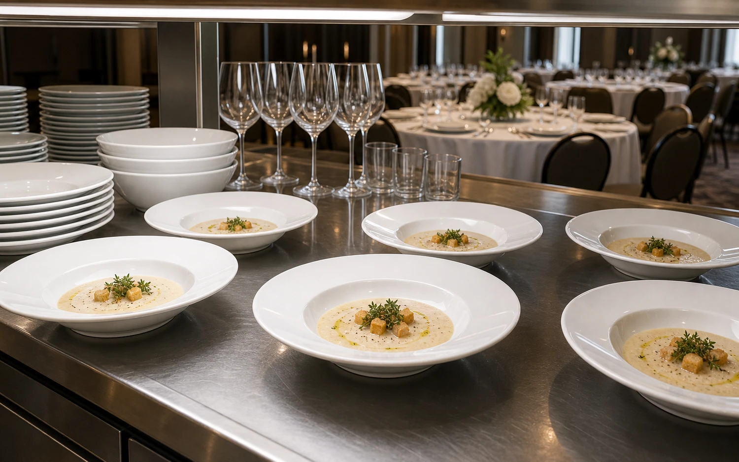 Stacked white hotel dinnerware and glassware in a restaurant setup