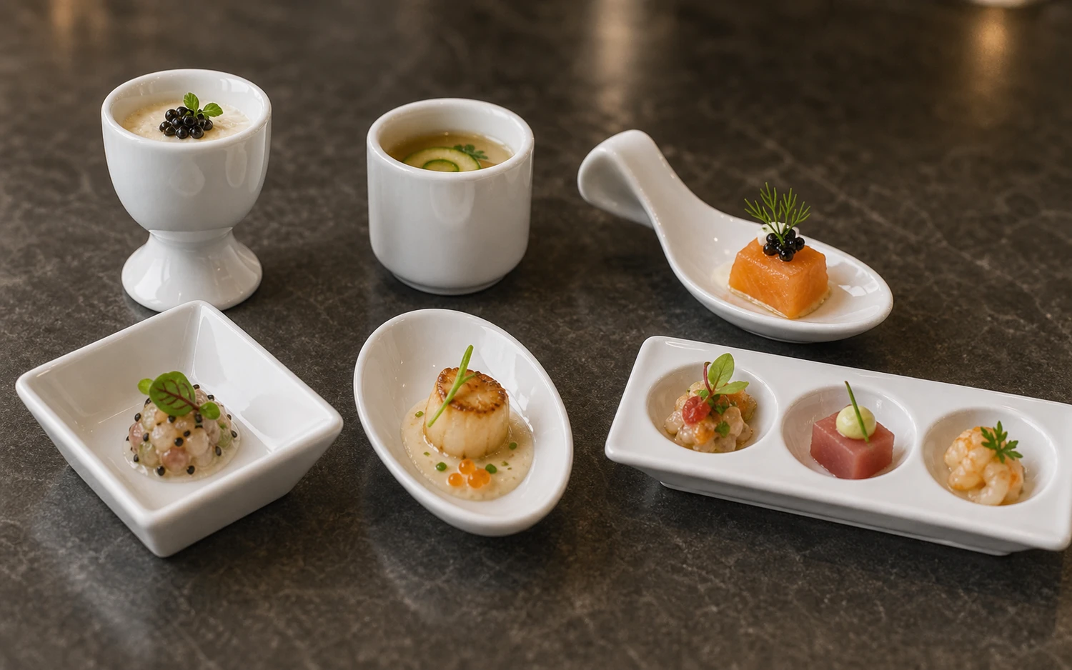 Close-up of small white porcelain tasting dishes and plated service pieces