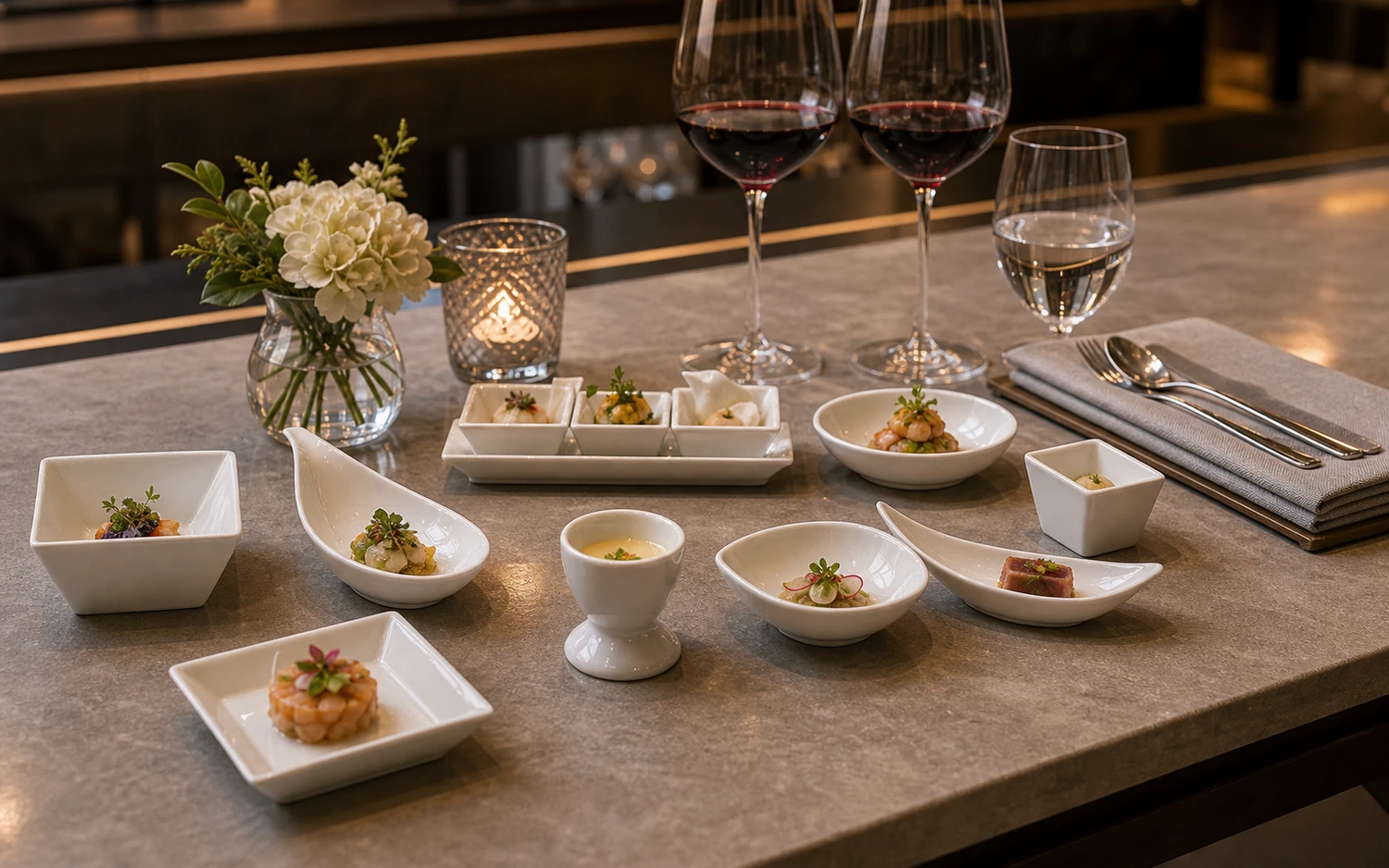 Fine-dining porcelain with plated course, cup and specialty dish forms