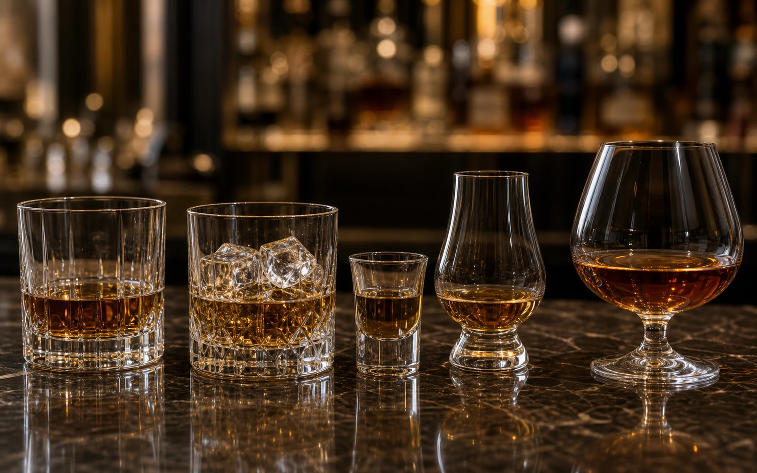Close-up of rocks and whisky glassware in a hotel bar setting