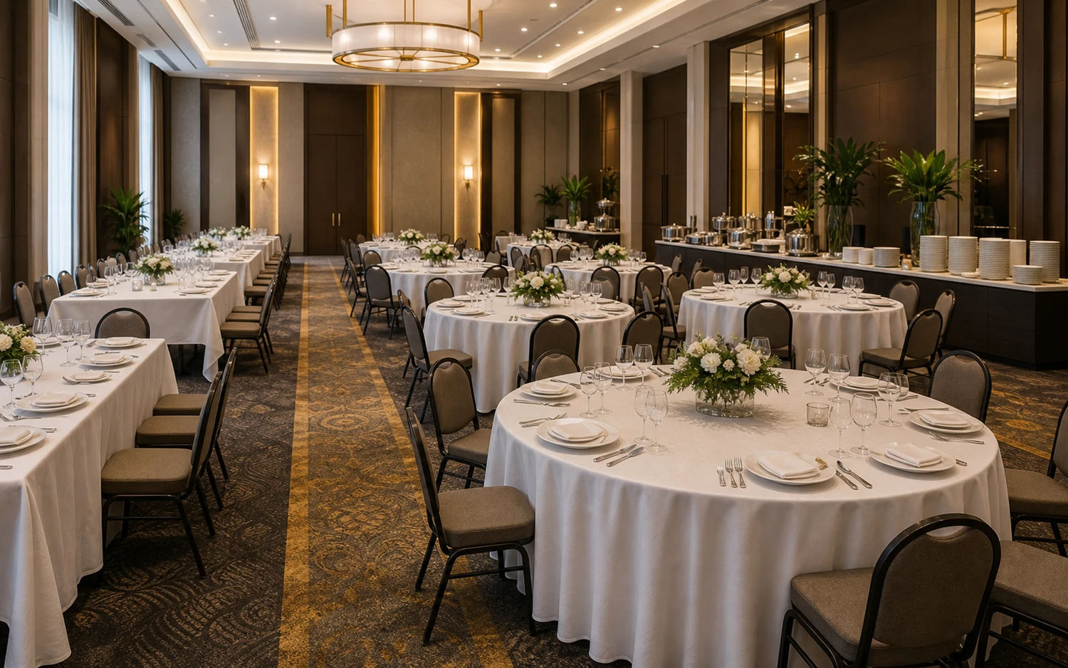 Formal banquet table setting with white tablecloths and folded napkins