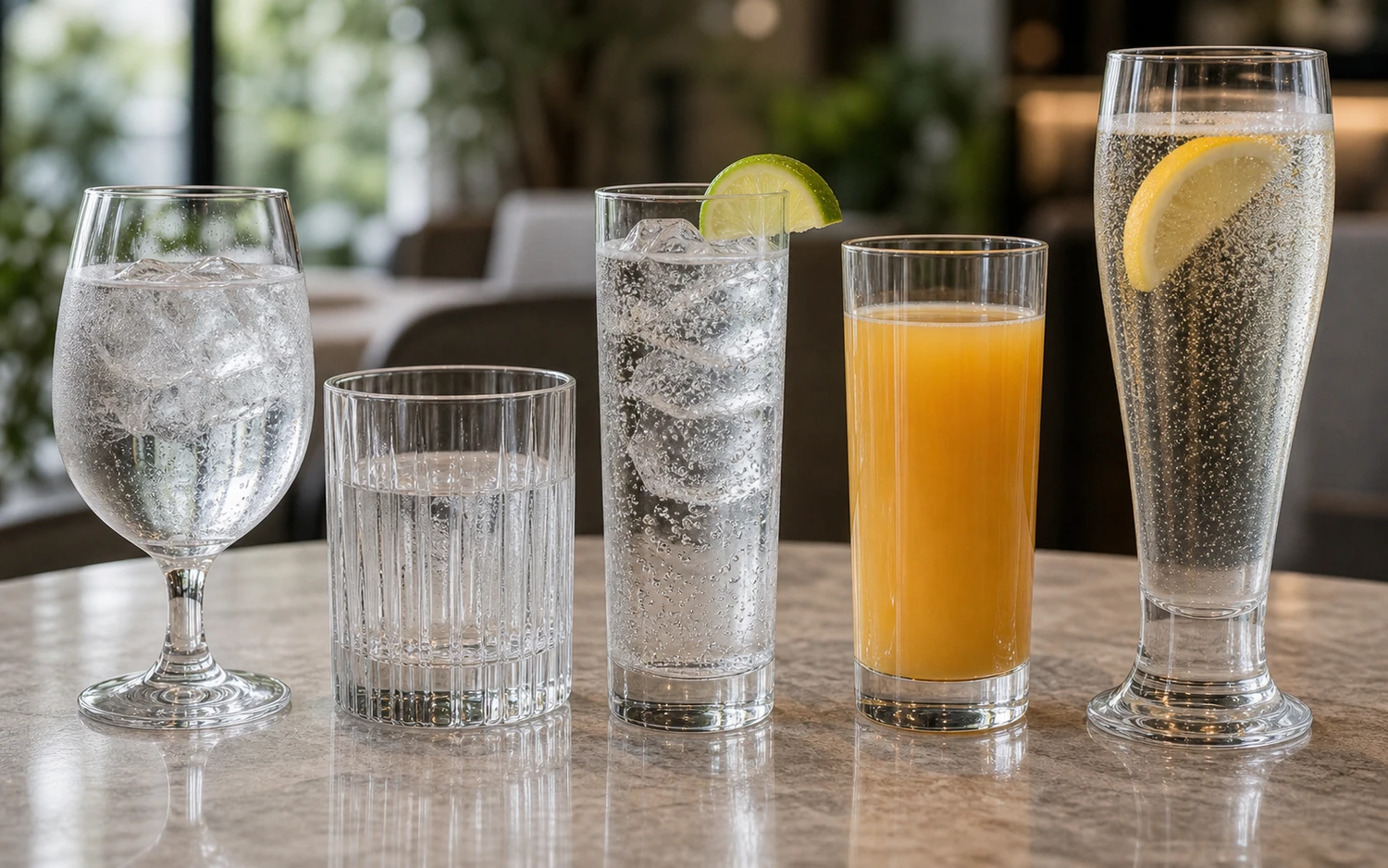 Close-up of tall clear highball glasses with mixed drinks